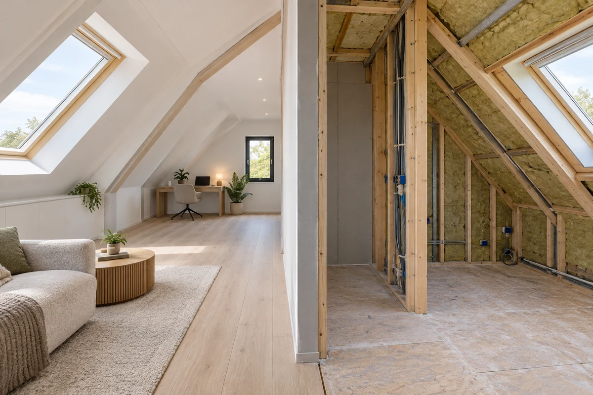 Zolder met nieuwbouwafwerking en een zichtbaar renovatiedeel