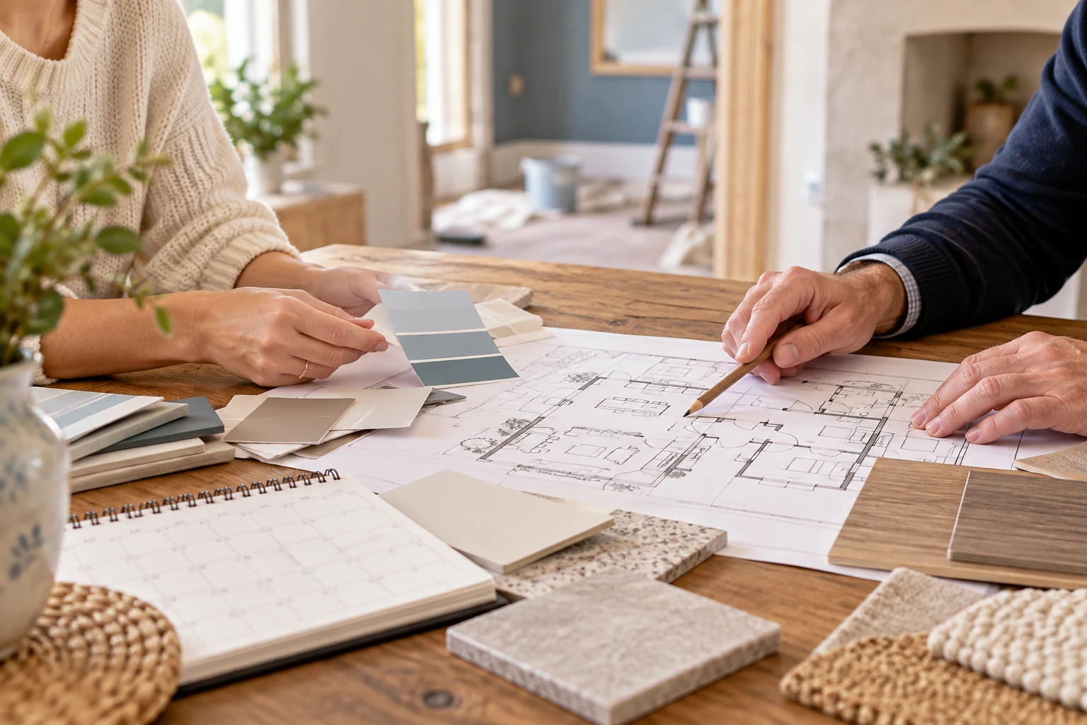 Woonplattegrond en materiaalstalen op tafel tijdens de voorbereiding van een verbouwing